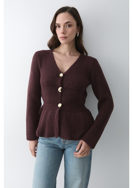 Bordo 3 Düğmeli Pileli Hırka - 251065