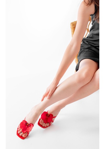 S-622 Kırmızı Orkide Detaylı Ince Topuklu Kadın Terlik