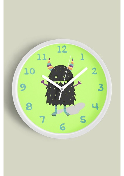 Sevimli Canavar Çocuk Odası Duvar Saati - 25CM - Önü Camlı Beyaz Kasa - Sessiz Mekanizma