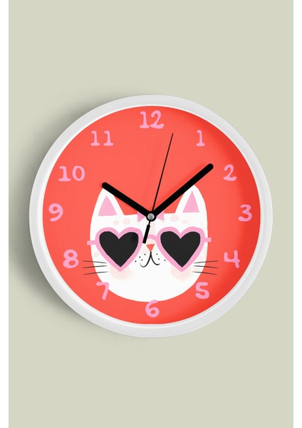Süslü Kedi Tasarım Modern Duvar Saati - Çocuk Odası Duvar Saati - 25CM - Önü Camlı Beyaz Kasa