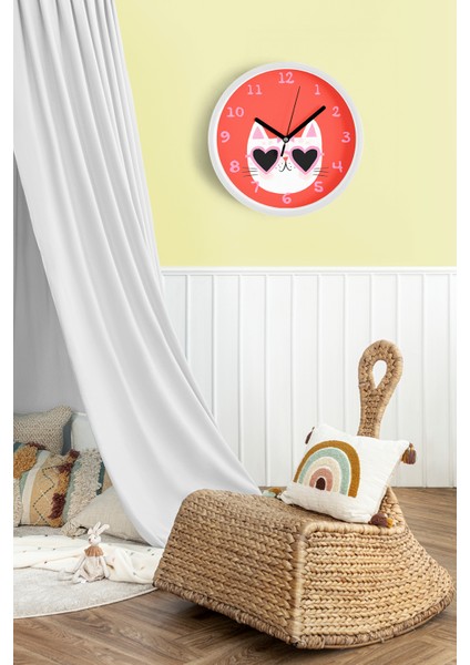 Süslü Kedi Tasarım Modern Duvar Saati - Çocuk Odası Duvar Saati - 25CM - Önü Camlı Beyaz Kasa fiyatları