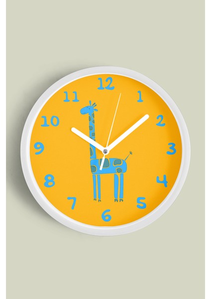 Sevimli Zürafa Çocuk Odası Duvar Saati - 25CM - Önü Camlı Beyaz Kasa - Sessiz Mekanizma