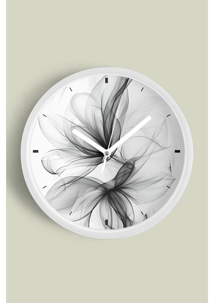 Soyut Çiçek Tasarımı Modern Duvar Saati - 25CM - Önü Camlı Beyaz Kasa - Sessiz Mekanizma
