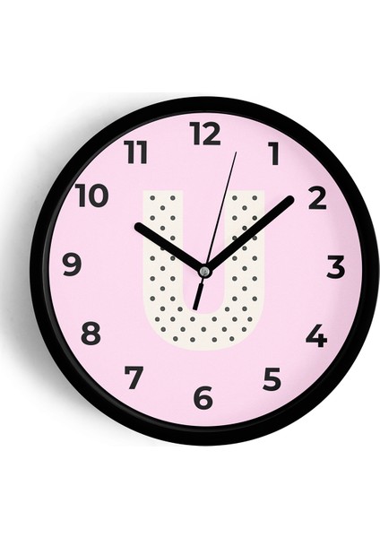 U Harfi Kız Odası Duvar Saati - 25CM - Önü Camlı Siyah Kasa - Sessiz Mekanizma