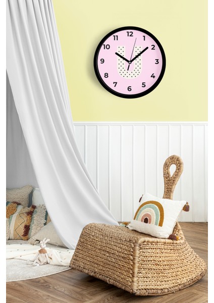 U Harfi Kız Odası Duvar Saati - 25CM - Önü Camlı Siyah Kasa - Sessiz Mekanizma fiyatları