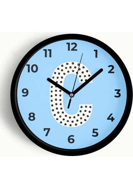 C Harfi Erkek Odası Duvar Saati - 25CM - Önü Camlı Siyah Kasa - Sessiz Mekanizma