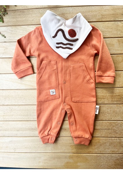 Mammaso Güneş Nakışlı Turuncu Bebek Tulum Çıtçıtlı %100PAMUK