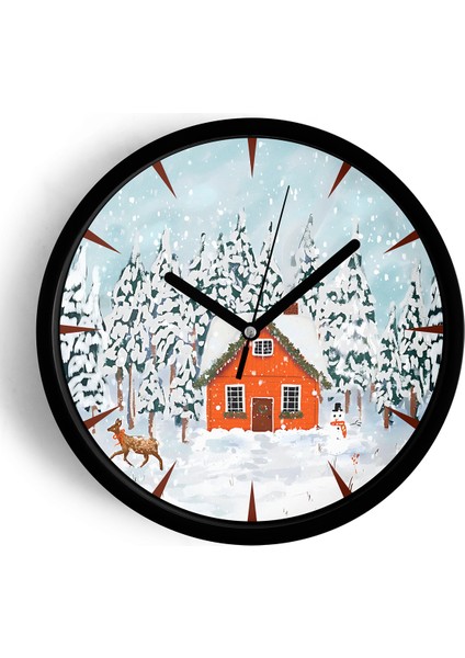 Soyut Kış Kar Modern Tasarım Duvar Saati - 42CM - Önü Camlı Siyah Kasa - Sessiz Mekanizma