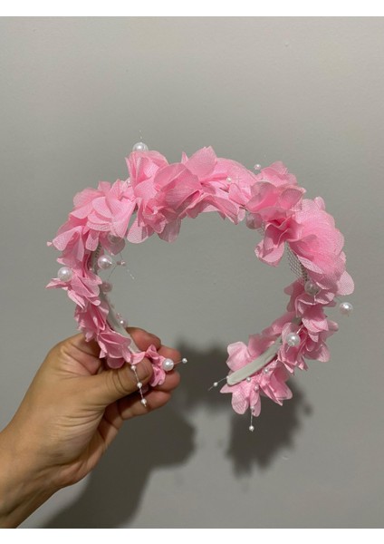 Pembe Çiçekli Incili Taç Lohusa-Nedime-Çocuk