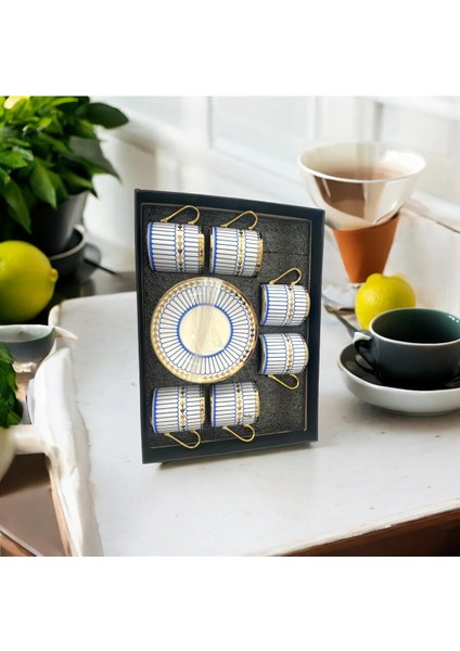 6’lı Gold Detaylı Mavi Beyaz Kahve Fincan Takımı | Zarif Porselen Türk Kahvesi Seti modelleri