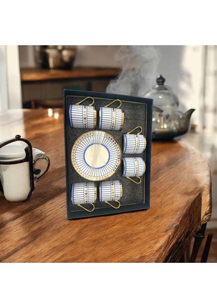 6’lı Gold Detaylı Mavi Beyaz Kahve Fincan Takımı | Zarif Porselen Türk Kahvesi Seti fırsatları