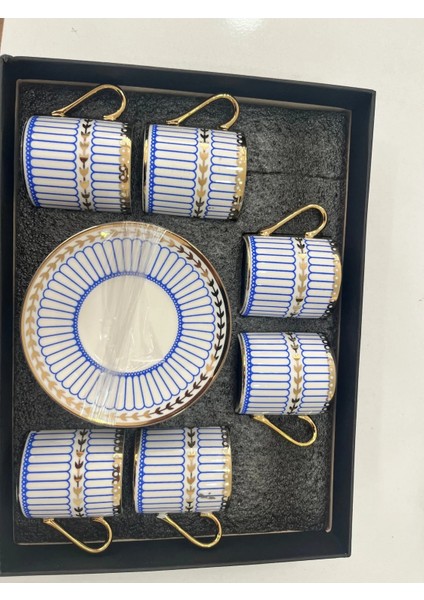 6’lı Gold Detaylı Mavi Beyaz Kahve Fincan Takımı | Zarif Porselen Türk Kahvesi Seti indirimleri