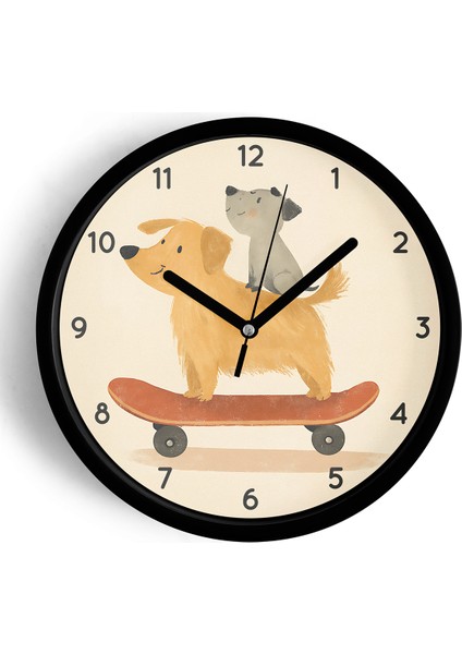Kay Kay Yapan Sevimli Köpekler Modern Çocuk Odası Duvar Saati - 25CM - Önü Camlı Siyah Kasa