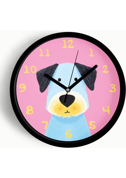 Sevimli Köpek Çocuk Odası Duvar Saati - 25CM - Önü Camlı Siyah Kasa - Sessiz Mekanizma