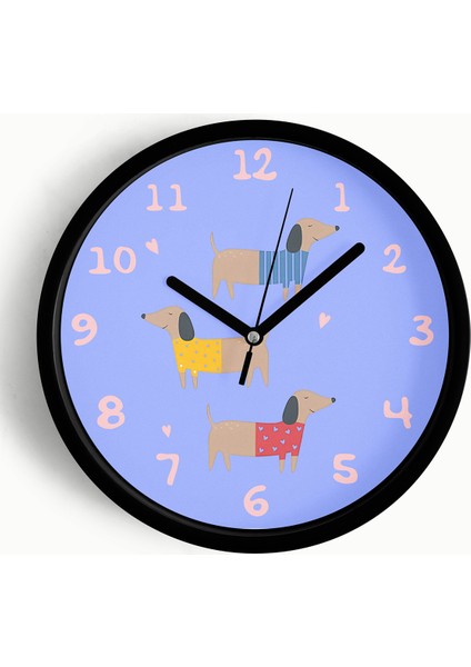 Sevimli Köpekler Modern Duvar Saati - Çocuk Odası Duvar Saati - 25CM - Önü Camlı Siyah Kasa
