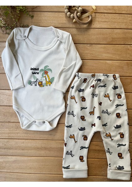 Erkek Bebek 2’li Takım Hayvanlar Alemi Baskılı Uzun Kollu Fitilli Kaşkorse Çıtçıtlı Body