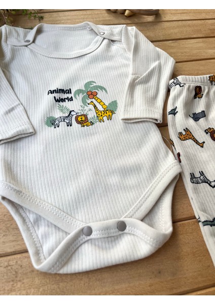 Erkek Bebek 2’li Takım Hayvanlar Alemi Baskılı Uzun Kollu Fitilli Kaşkorse Çıtçıtlı Body fırsatları