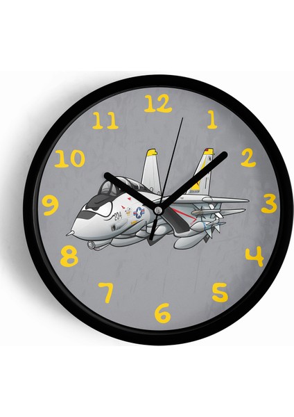 Jet Uçak Çizimli Modern Duvar Saati - 25CM - Önü Camlı Siyah Kasa - Sessiz Mekanizma