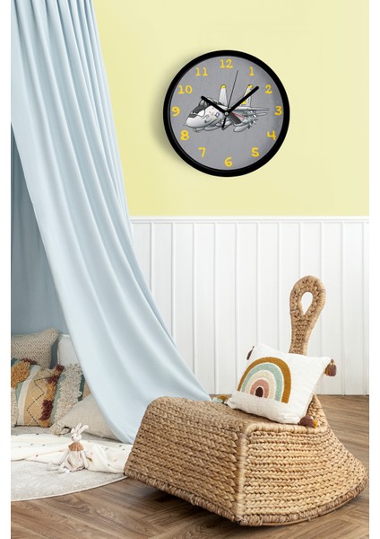 Jet Uçak Çizimli Modern Duvar Saati - 25CM - Önü Camlı Siyah Kasa - Sessiz Mekanizma fiyatları