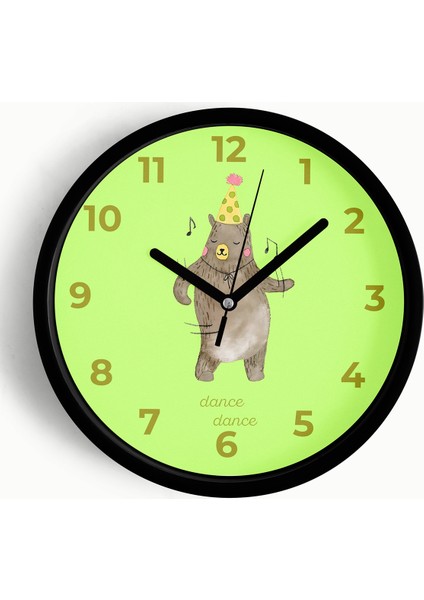 Dans Eden Ayı Çocuk Odası Duvar Saati - 25CM - Önü Camlı Siyah Kasa - Sessiz Mekanizma
