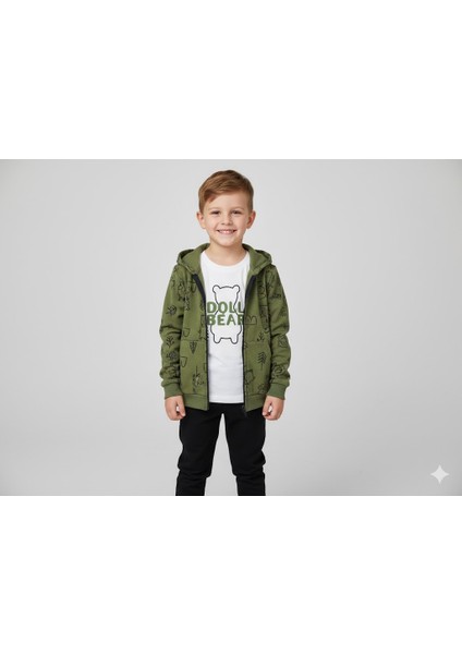 Erkek Çocuk Haki Siyah Ayıcık Desenli Hırkalı 3'lü Takım 5 Yaş