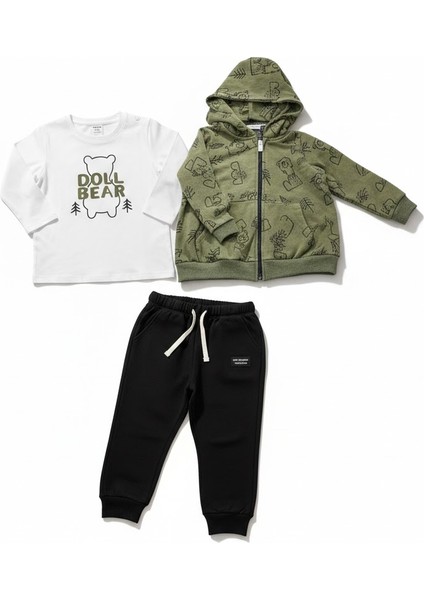Erkek Çocuk Haki Siyah Ayıcık Desenli Hırkalı 3'lü Takım 5 Yaş fiyatları