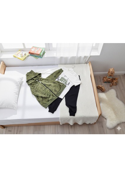 Erkek Çocuk Haki Siyah Ayıcık Desenli Hırkalı 3'lü Takım 5 Yaş modelleri