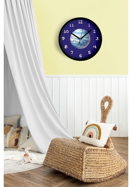 Uzay ve Gezegen Tasarımlı Modern Duvar Saati - Çocuk Odası Duvar Saati - 25CM - Önü Camlı Siyah Kasa fiyatları