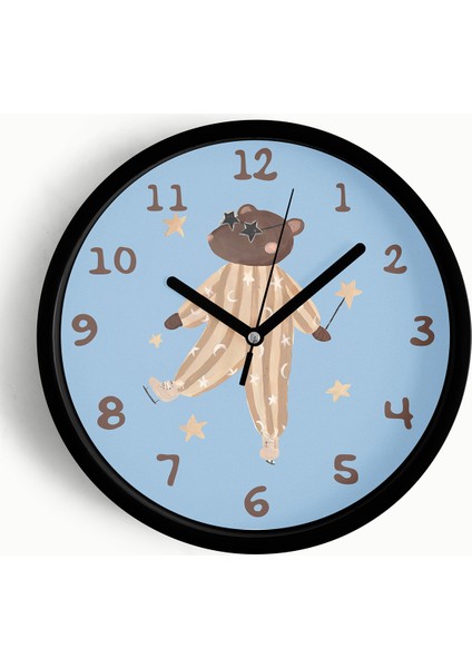 Sihirli Ayı Tasarım Çocuk Odası Duvar Saati - 25CM - Önü Camlı Siyah Kasa - Sessiz Mekanizma