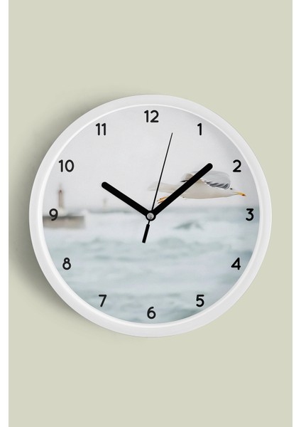 Soyut Doğa Martı Kuşu Manzara Temalı Modern Duvar Saati - 25CM - Önü Camlı Beyaz Kasa
