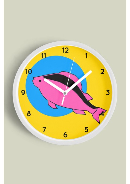 Soyut Balık Tasarımı Modern Duvar Saati - Çocuk Odası - 25CM - Önü Camlı Beyaz Kasa