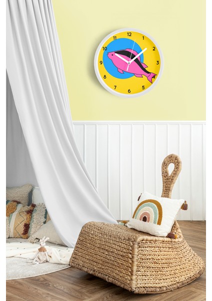 Soyut Balık Tasarımı Modern Duvar Saati - Çocuk Odası - 25CM - Önü Camlı Beyaz Kasa fiyatları