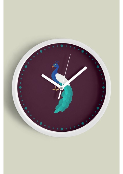 Tavus Kuşu Modern Duvar Saati - 25CM - Önü Camlı Beyaz Kasa - Sessiz Mekanizma