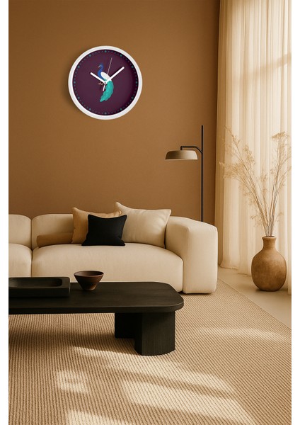 Tavus Kuşu Modern Duvar Saati - 25CM - Önü Camlı Beyaz Kasa - Sessiz Mekanizma fiyatları