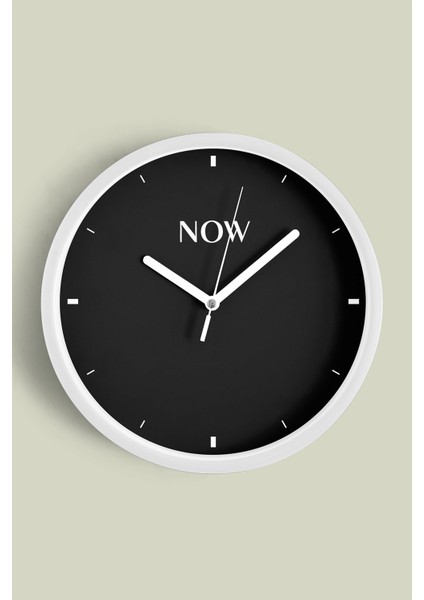 Modern Yazılı Tasarım - '' Now - Şimdi '' Duvar Saati - 25CM - Önü Camlı Beyaz Kasa