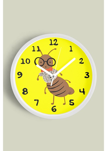 Gözlüklü Arı Çocuk Odası Duvar Saati - 25CM - Önü Camlı Beyaz Kasa - Sessiz Mekanizma