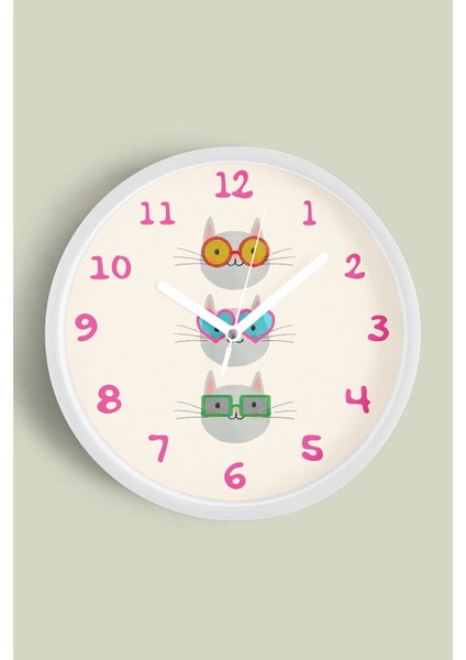 Sevimli Kediler Modern Duvar Saati - Çocuk Odası Duvar Saati - 25CM - Önü Camlı Beyaz Kasa