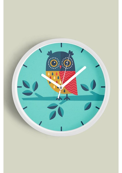 Baykuş Illüstrasyon Modern Duvar Saati - 25CM - Önü Camlı Beyaz Kasa - Sessiz Mekanizma
