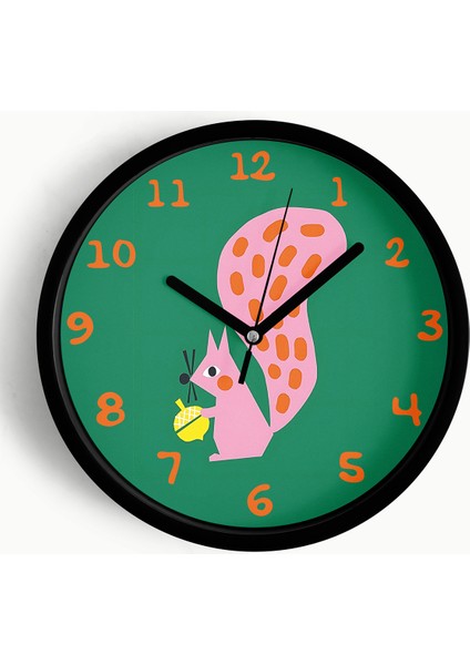 Sevimli Sincap Çocuk Odası Duvar Saati - 42CM - Önü Camlı Siyah Kasa - Sessiz Mekanizma