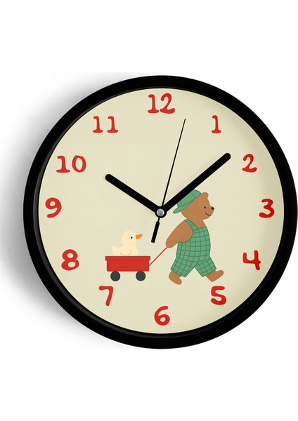 Ayı Ile Ördek Arkadaşlığı Çocuk Odası Duvar Saati - 42CM - Önü Camlı Siyah Kasa - Sessiz Mekanizma