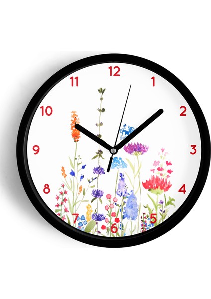 Soyut Renkli Çiçek Temalı Modern Duvar Saati - 25CM - Önü Camlı Siyah Kasa - Sessiz Mekanizma