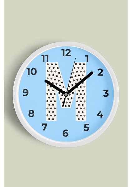 M Harfi Erkek Odası Duvar Saati - 25CM - Önü Camlı Beyaz Kasa - Sessiz Mekanizma