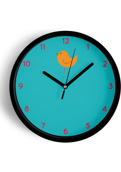 Sevimli Kuş Çocuk Odası Modern Duvar Saati - 25CM - Önü Camlı Siyah Kasa - Sessiz Mekanizma