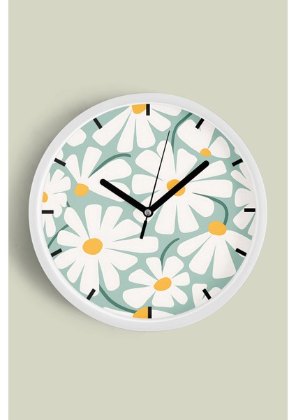 Soyut Papatya Modern Duvar Saati - 25CM - Önü Camlı Beyaz Kasa - Sessiz Mekanizma