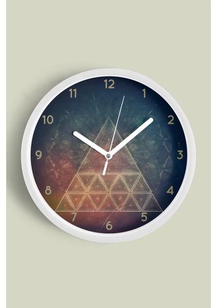 Kozmik Piramit Modern Tasarım Duvar Saati - 25CM - Önü Camlı Beyaz Kasa - Sessiz Mekanizma