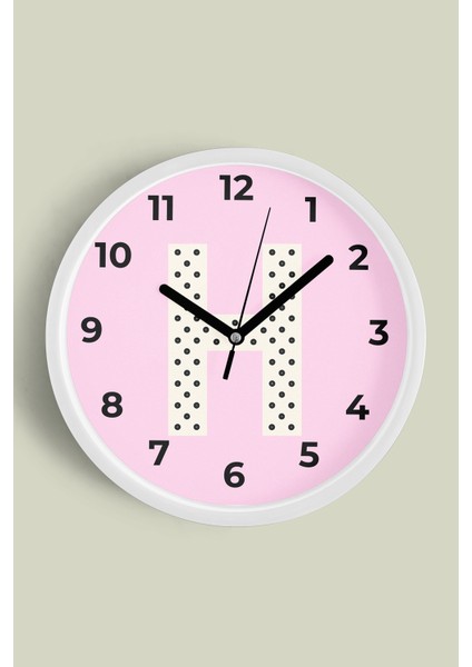 H Harfi Kız Odası Duvar Saati - 25CM - Önü Camlı Beyaz Kasa - Sessiz Mekanizma