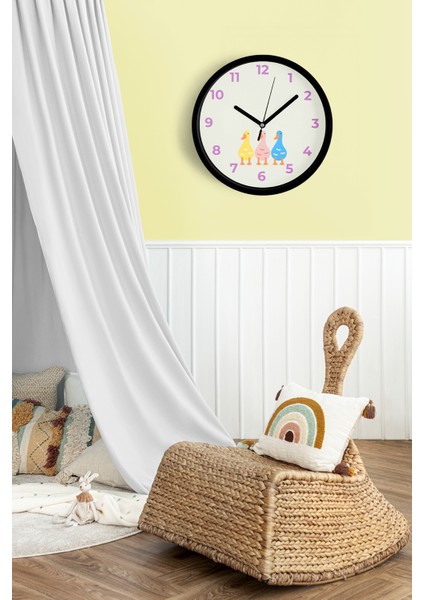 Renkli Kaz / Ördek Çocuk Odası Duvar Saati - 25CM - Önü Camlı Siyah Kasa - Sessiz Mekanizma fiyatları