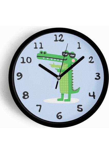 Sevimli Timsah Çocuk Odası Duvar Saati - 25CM - Önü Camlı Siyah Kasa - Sessiz Mekanizma