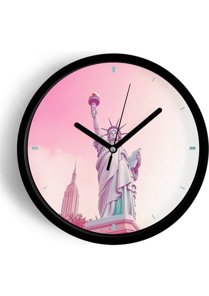 Özgürlük Heykeli Modern Duvar Saati - 25CM - Önü Camlı Siyah Kasa - Sessiz Mekanizma
