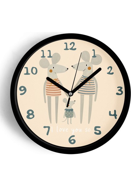 Sevimli Fare Ailesi Çocuk Odası Duvar Saati - 25CM - Önü Camlı Siyah Kasa - Sessiz Mekanizma